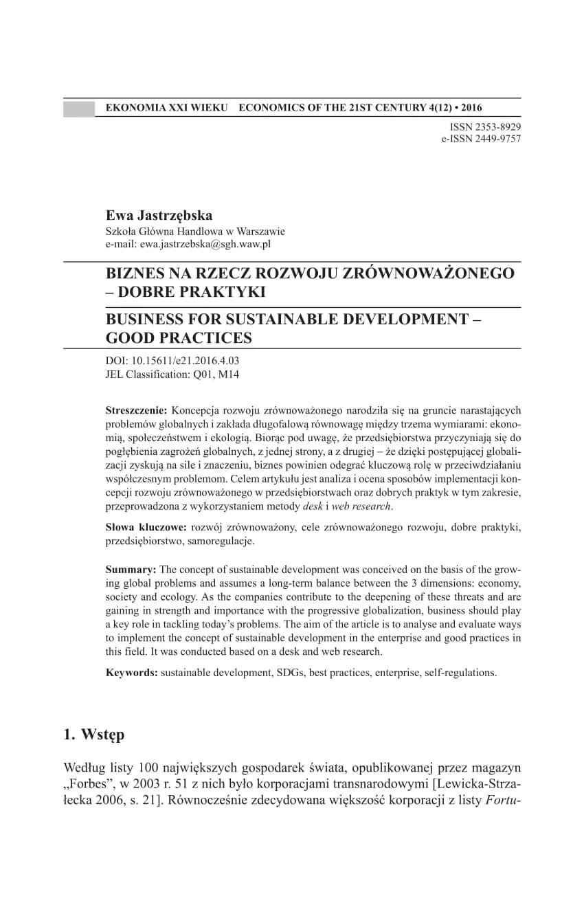 Biznes w uwarunkowaniach zrównoważonego rozwoju: strategie i korzyści